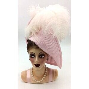 Vintage Unique  Creations Handmade Mod Deco Lady Head Vase Pink Hat & Feathers